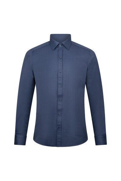 Lacivert Slim Fit Slim Yaka Uzun Kollu Pamuklu Gömlek 