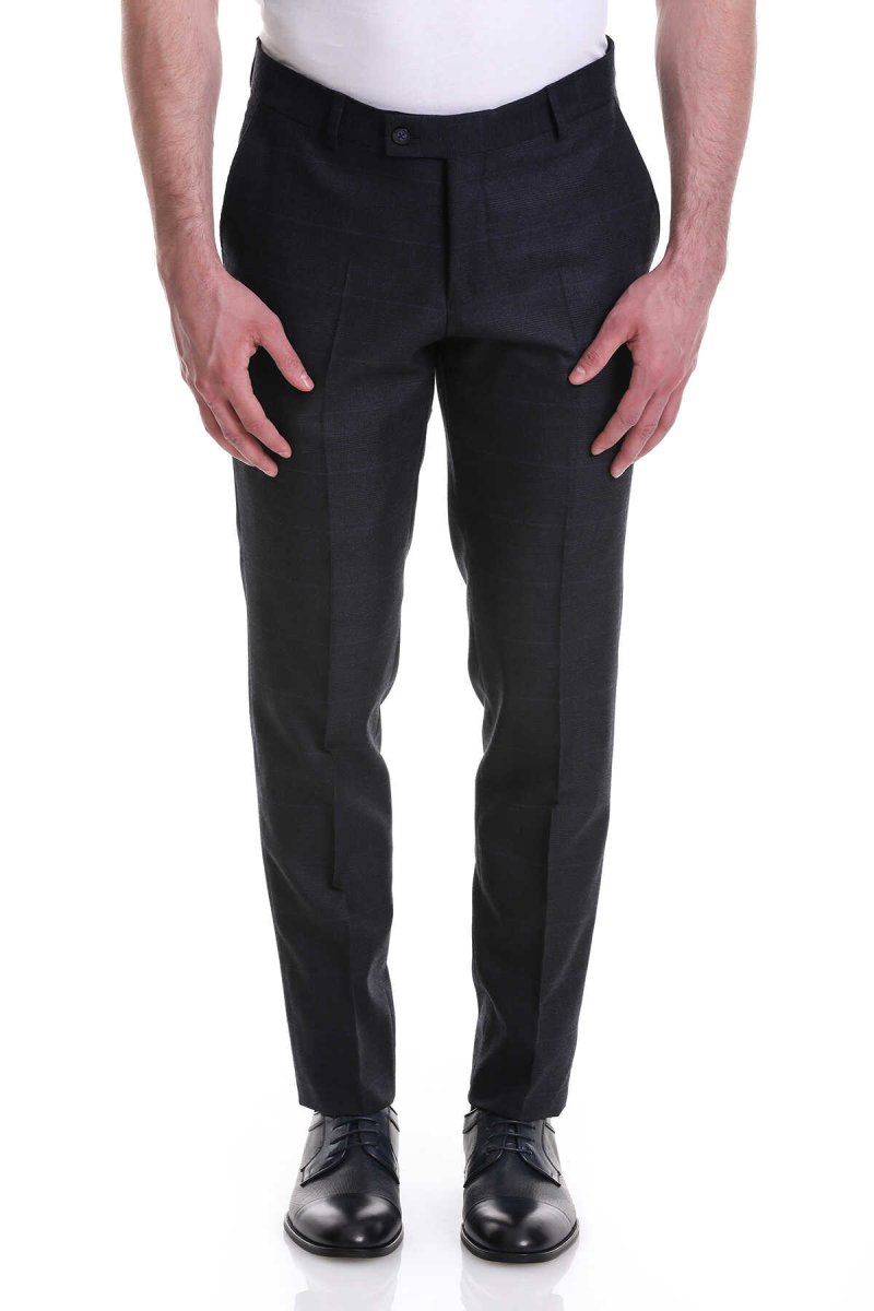 Lacivert Slim Fit Yandan Cepli Kareli Flanel Kumaş Pantolon - Hatemoğlu