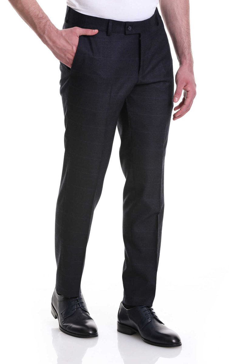 Lacivert Slim Fit Yandan Cepli Kareli Flanel Kumaş Pantolon - Hatemoğlu (1)