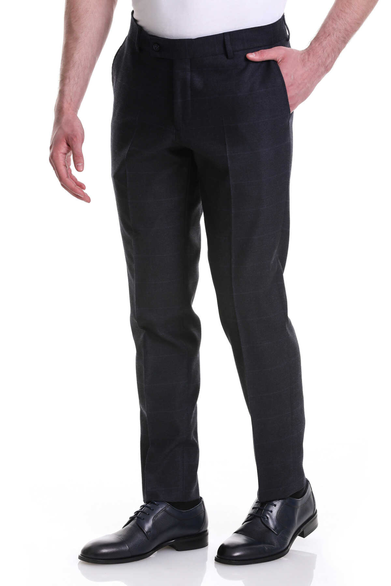 Lacivert Slim Fit Yandan Cepli Kareli Flanel Kumaş Pantolon - Hatemoğlu (1)