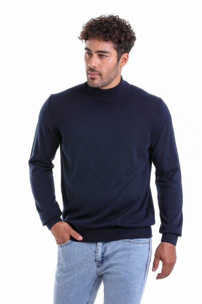 Lacivert Regular Fit Düz 100% Pamuk Yarım Balıkçı Yaka Triko Kazak - 2