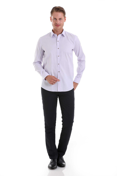 Lila Comfort Fit Çizgili %100 Pamuk Slim Yaka Uzun Kollu Gömlek - 2