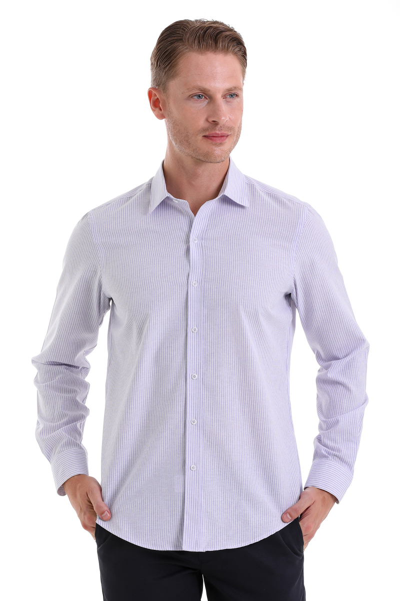 Lila Comfort Fit Çizgili Pamuklu Slim Yaka Uzun Kollu Spor Gömlek - Hatemoğlu