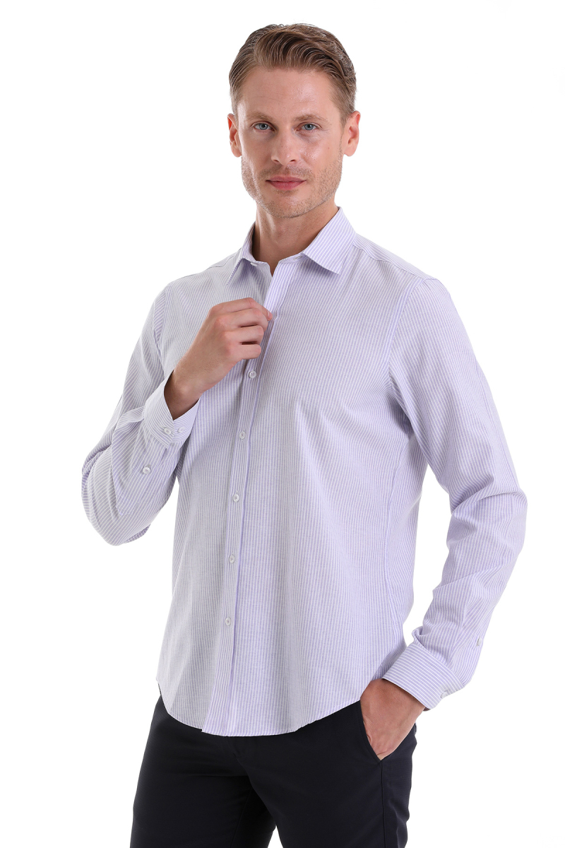 Lila Comfort Fit Çizgili Pamuklu Slim Yaka Uzun Kollu Spor Gömlek - Hatemoğlu (1)