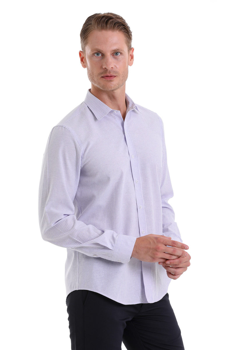 Lila Comfort Fit Çizgili Pamuklu Slim Yaka Uzun Kollu Spor Gömlek - Hatemoğlu (1)