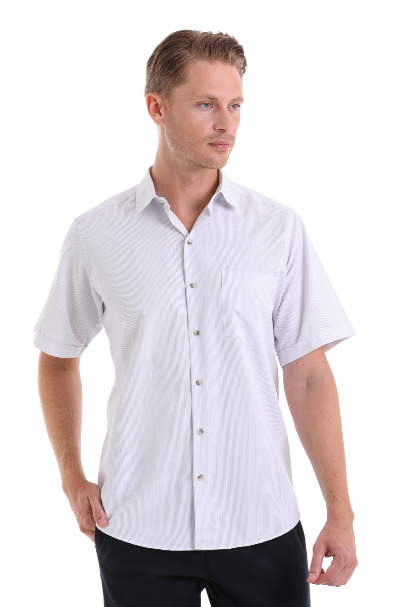 Lila Klasik Fit Çizgili Pamuklu Slim Yaka Kısa Kollu Klasik Gömlek - Hatemoğlu