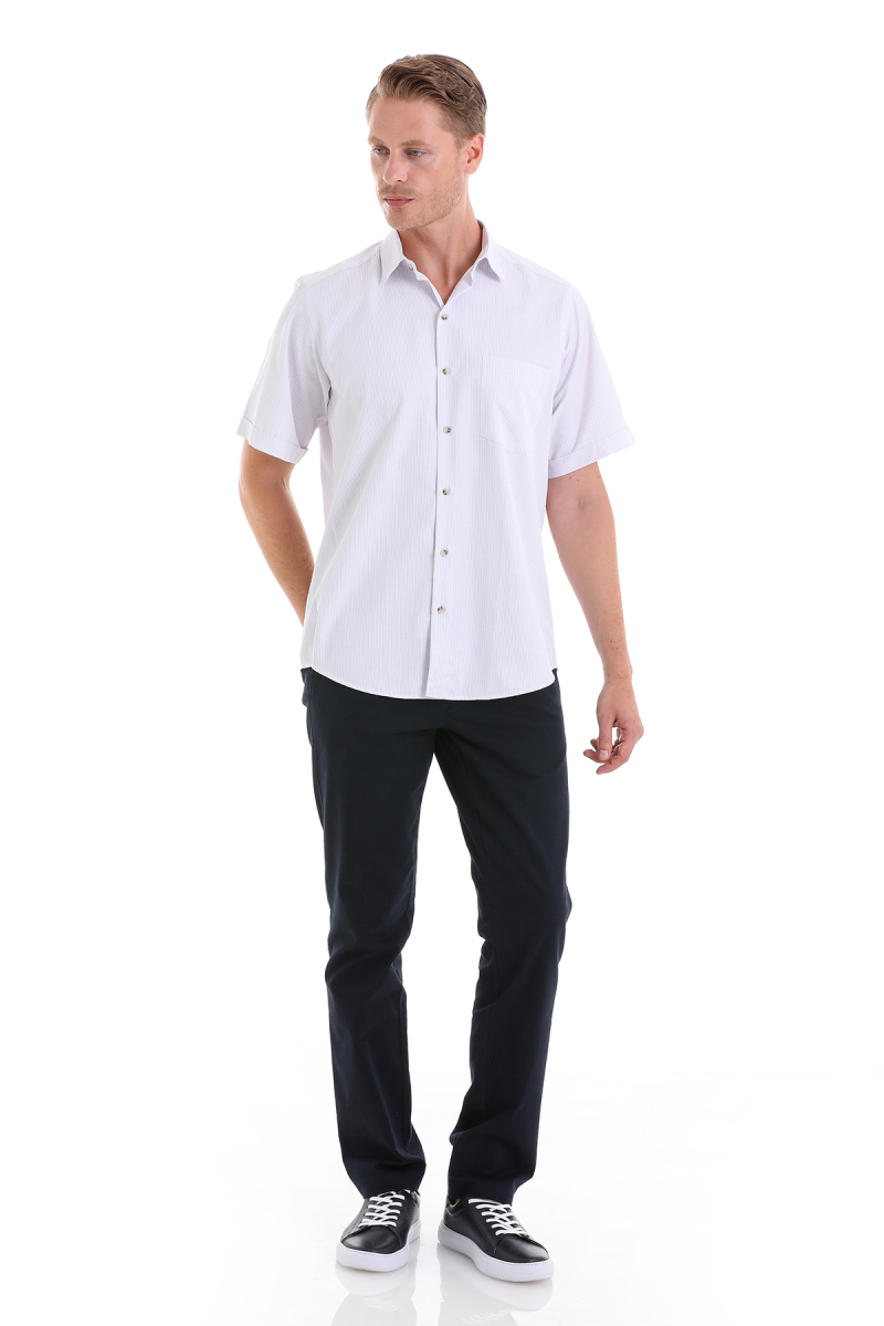 Lila Klasik Fit Çizgili Pamuklu Slim Yaka Kısa Kollu Klasik Gömlek - Hatemoğlu (1)