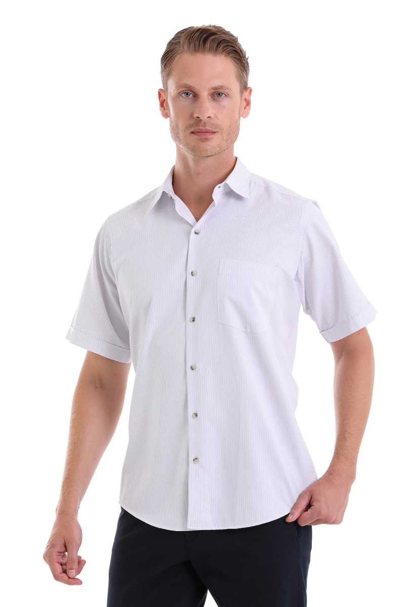 Lila Klasik Fit Çizgili Pamuklu Slim Yaka Kısa Kollu Klasik Gömlek - Hatemoğlu (1)