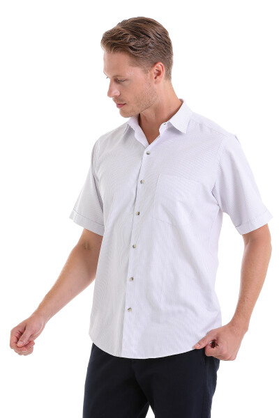 Lila Klasik Fit Çizgili Pamuklu Slim Yaka Kısa Kollu Klasik Gömlek - 4