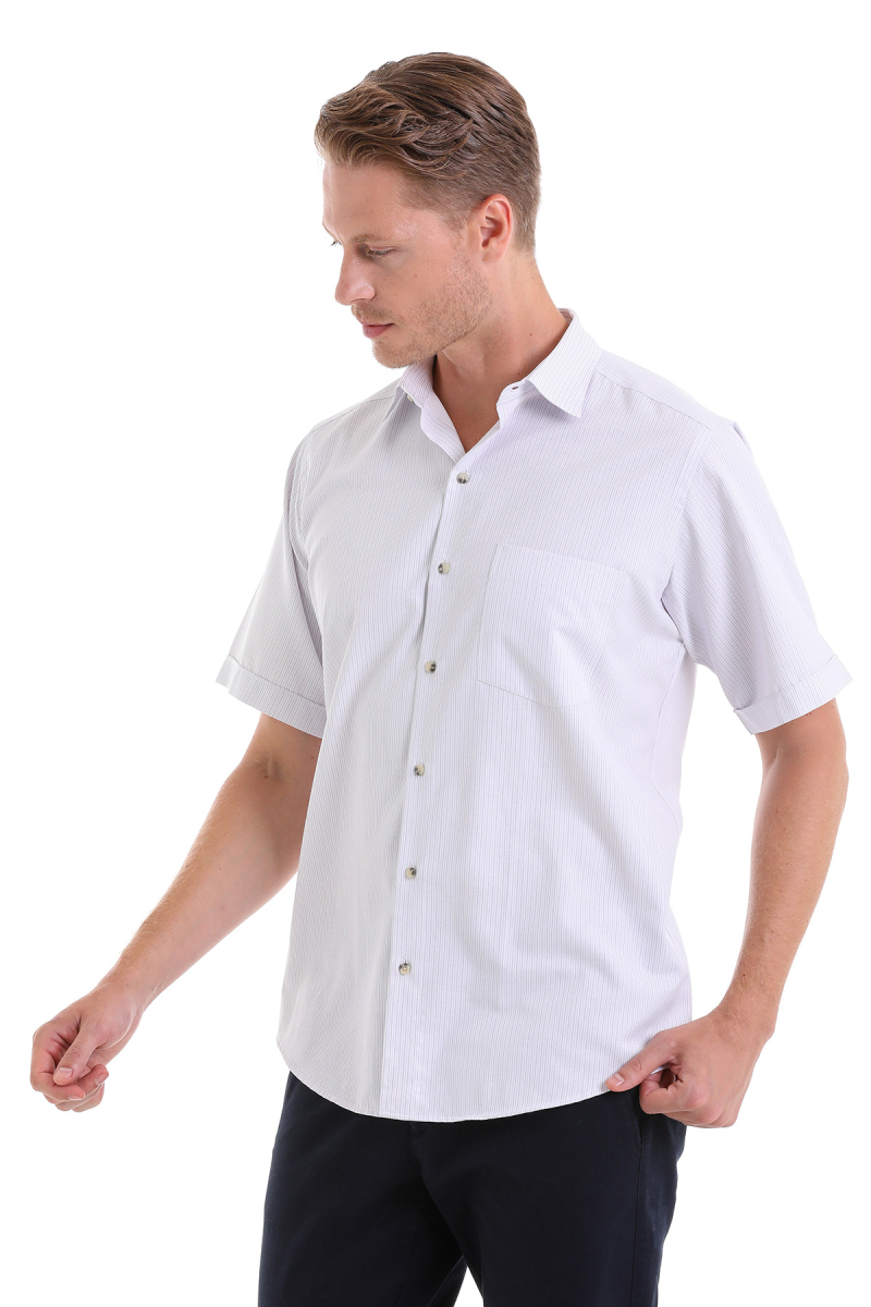 Lila Klasik Fit Çizgili Pamuklu Slim Yaka Kısa Kollu Klasik Gömlek - Hatemoğlu (1)