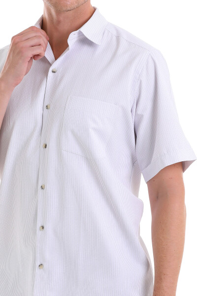 Lila Klasik Fit Çizgili Pamuklu Slim Yaka Kısa Kollu Klasik Gömlek - 5