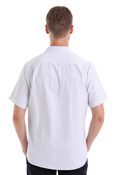 Lila Klasik Fit Çizgili Pamuklu Slim Yaka Kısa Kollu Klasik Gömlek - 6