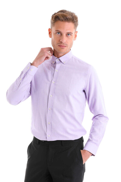 Lila Comfort Fit Pamuklu Düğmeli Yaka Uzun Kollu Casual Gömlek - 2
