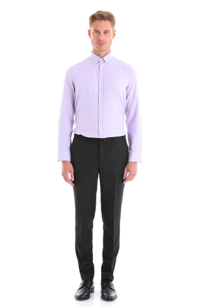 Lila Comfort Fit Pamuklu Düğmeli Yaka Uzun Kollu Casual Gömlek - 4