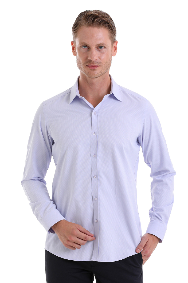 Lila Slim Fit Desenli Pamuklu Slim Yaka Uzun Kollu Spor Gömlek - Hatemoğlu