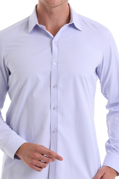 Lila Slim Fit Desenli Pamuklu Slim Yaka Uzun Kollu Spor Gömlek - 5