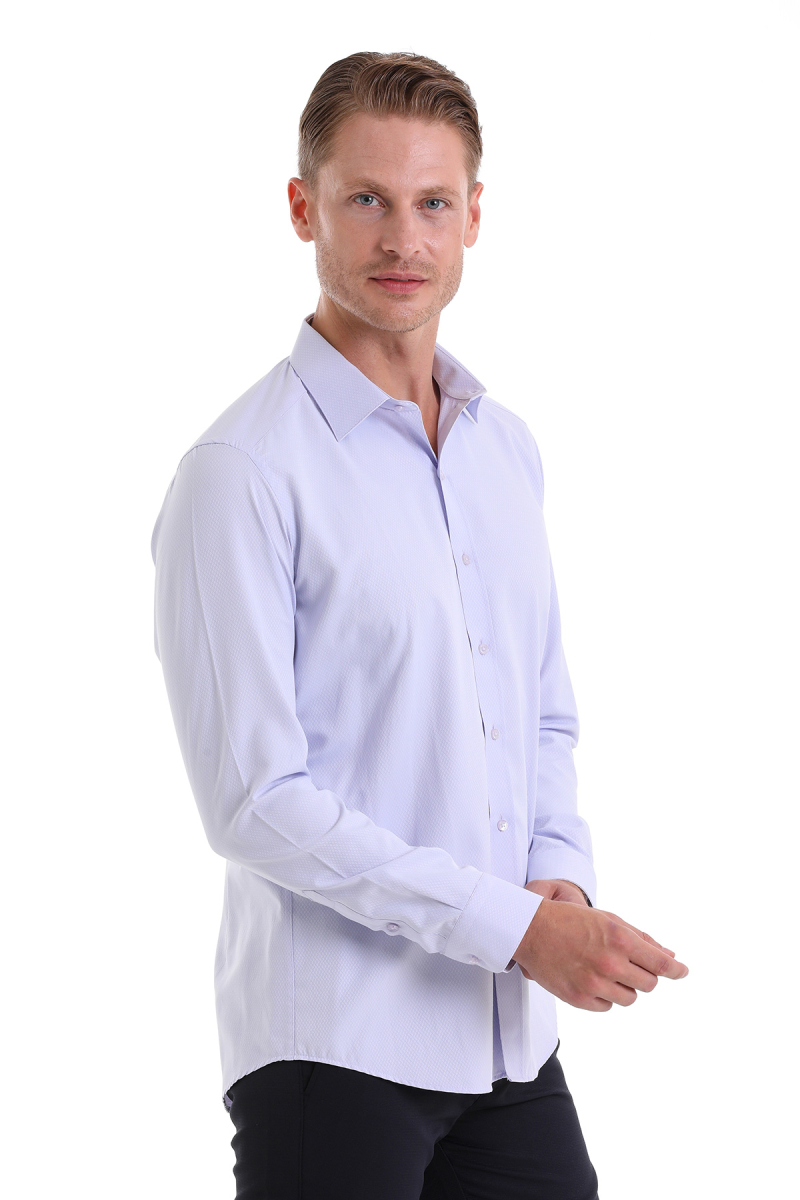 Lila Slim Fit Desenli Pamuklu Slim Yaka Uzun Kollu Spor Gömlek - Hatemoğlu (1)