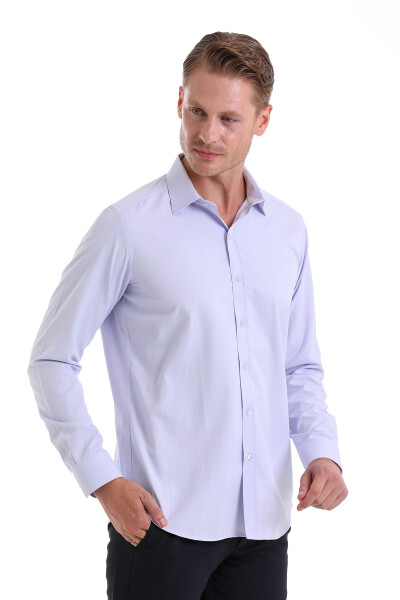 Lila Slim Fit Desenli Pamuklu Slim Yaka Uzun Kollu Spor Gömlek - 4