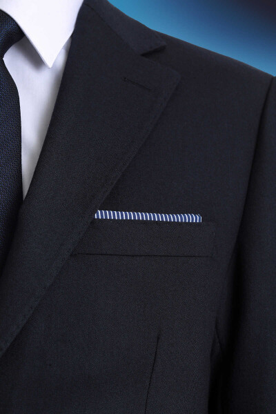 Mavi Çizgili Klasik Saten Cep Mendili - 3