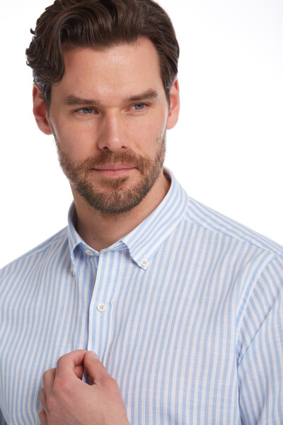 Mavi Comfort Fit Çizgili 100% Pamuk Düğmeli Yaka Uzun Kollu Casual Gömlek - 4