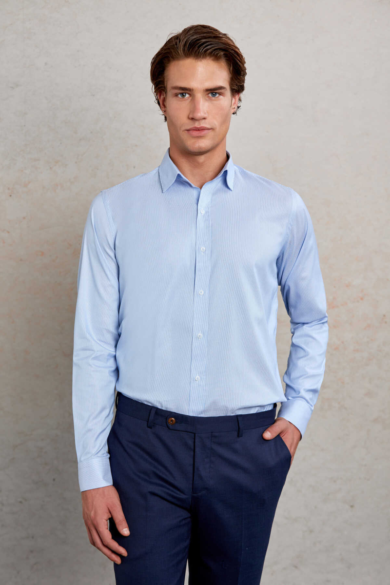 Mavi Comfort Fit Çizgili %100 Pamuk Slim Yaka Uzun Kollu Gömlek - Hatem Saykı