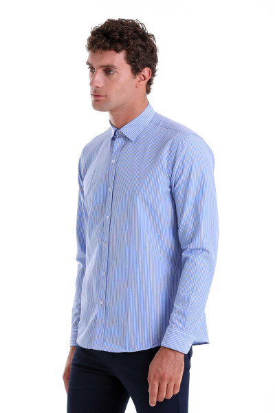 Mavi Comfort Fit Çizgili Pamuklu Slim Yaka Uzun Kollu Klasik Gömlek - 3
