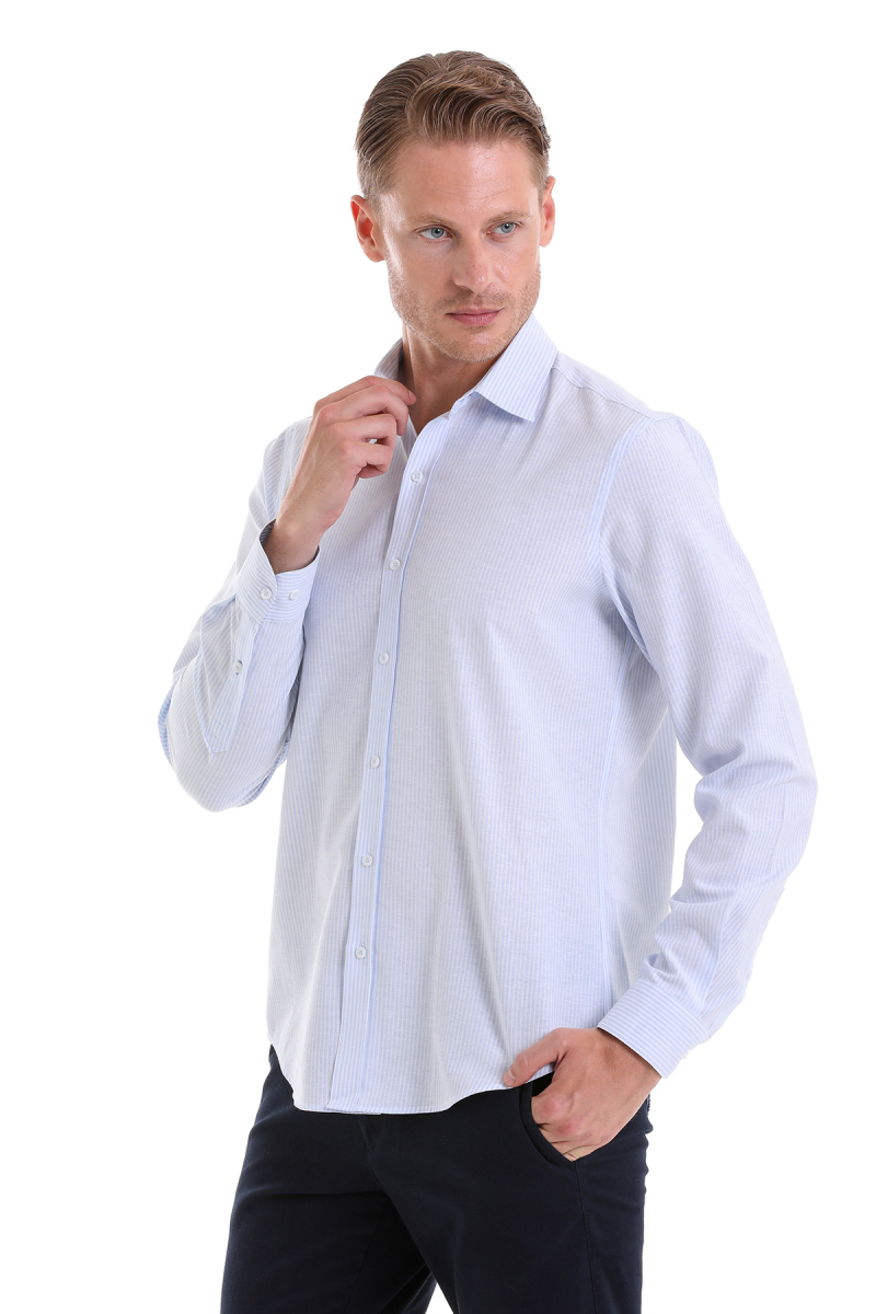 Mavi Comfort Fit Çizgili Pamuklu Slim Yaka Uzun Kollu Spor Gömlek - Hatemoğlu