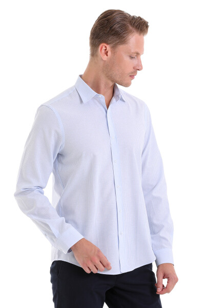 Mavi Comfort Fit Çizgili Pamuklu Slim Yaka Uzun Kollu Spor Gömlek - 3