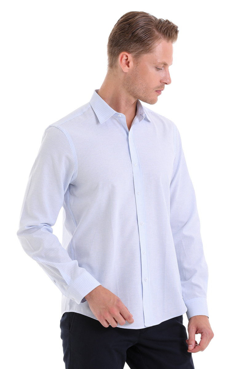 Mavi Comfort Fit Çizgili Pamuklu Slim Yaka Uzun Kollu Spor Gömlek - Hatemoğlu (1)
