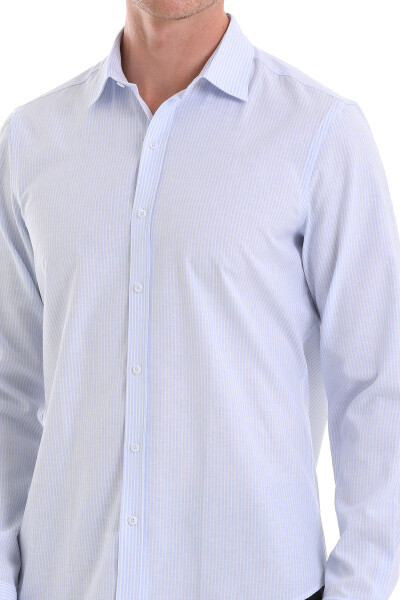 Mavi Comfort Fit Çizgili Pamuklu Slim Yaka Uzun Kollu Spor Gömlek - 5