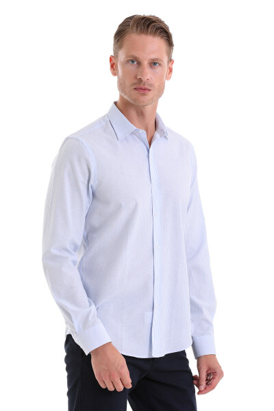 Mavi Comfort Fit Çizgili Pamuklu Slim Yaka Uzun Kollu Spor Gömlek - 4