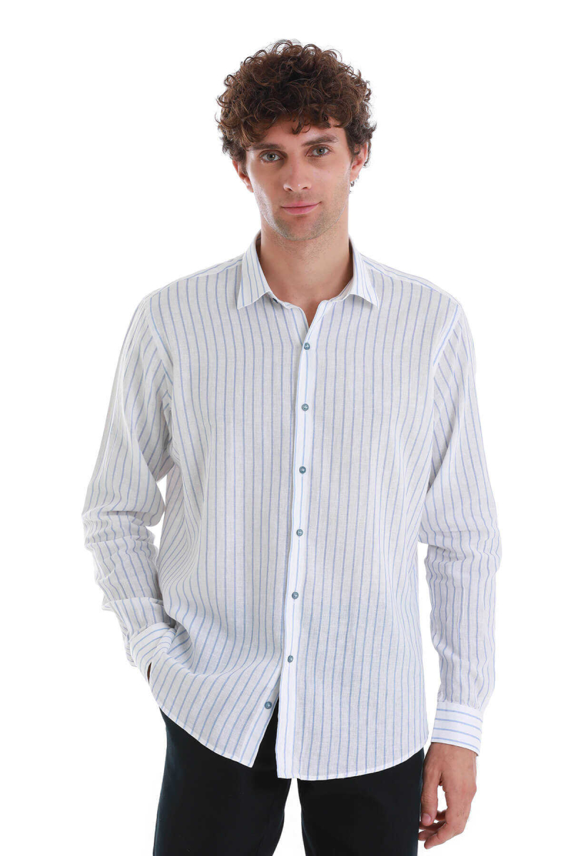 Mavi Comfort Fit Çizgili Slim Yaka Uzun Kollu Keten Gömlek - Hatem Saykı