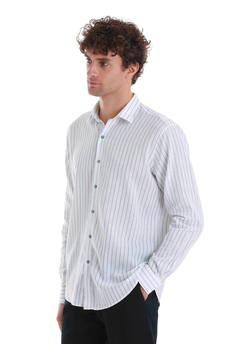 Mavi Comfort Fit Çizgili Slim Yaka Uzun Kollu Keten Gömlek - Hatem Saykı (1)