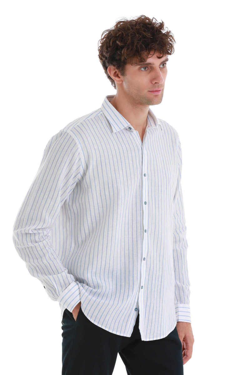 Mavi Comfort Fit Çizgili Slim Yaka Uzun Kollu Keten Gömlek - Hatem Saykı (1)