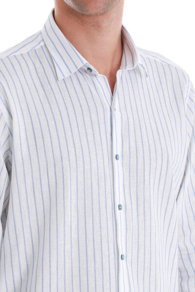 Mavi Comfort Fit Çizgili Slim Yaka Uzun Kollu Keten Gömlek - 5