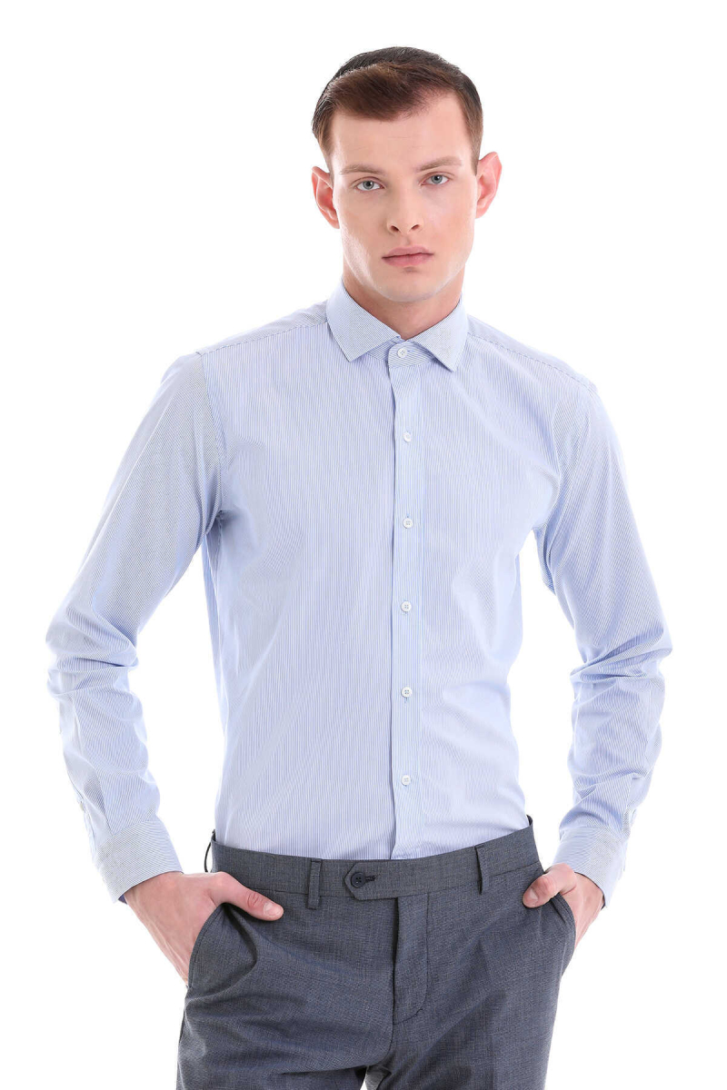 Mavi Comfort Fit Desenli 100% Pamuklu İtalyan Yaka Uzun Kollu Spor Gömlek - Hatem Saykı