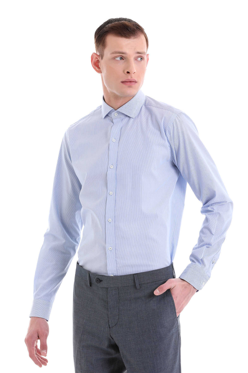 Mavi Comfort Fit Desenli 100% Pamuklu İtalyan Yaka Uzun Kollu Spor Gömlek - Hatem Saykı (1)