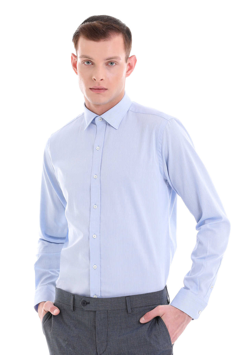 Mavi Comfort Fit Desenli 100% Pamuklu Slim Yaka Uzun Kollu Spor Gömlek - Hatem Saykı