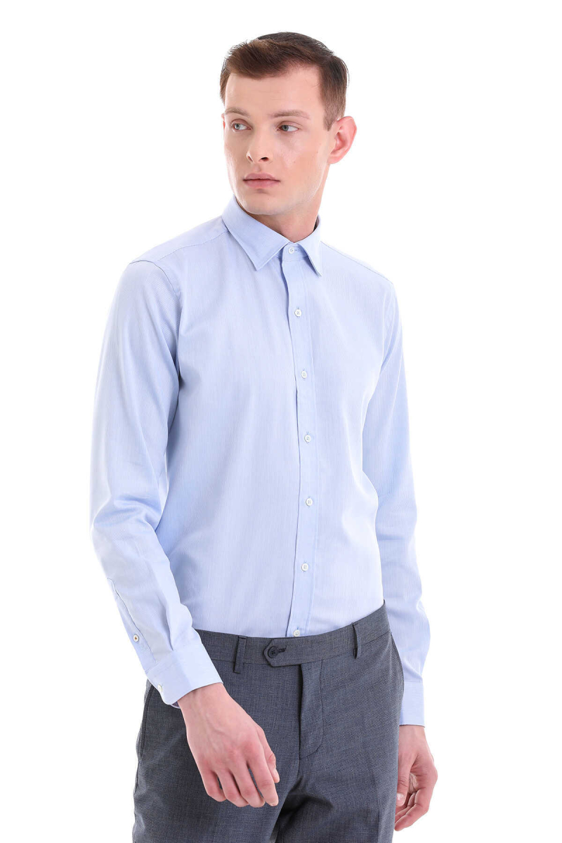 Mavi Comfort Fit Desenli 100% Pamuklu Slim Yaka Uzun Kollu Spor Gömlek - Hatem Saykı (1)