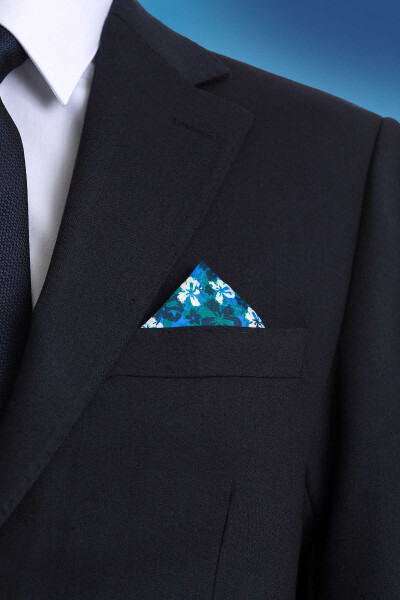 Mavi Desenli Klasik Saten Cep Mendili - 2