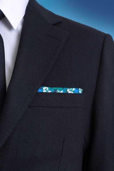 Mavi Desenli Klasik Saten Cep Mendili - 3