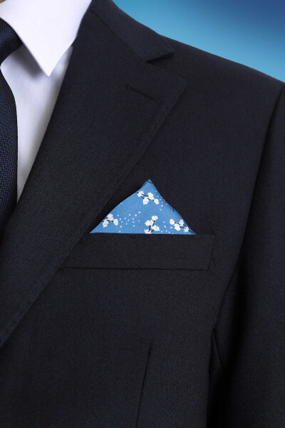 Mavi Desenli Klasik Saten Cep Mendili - 2