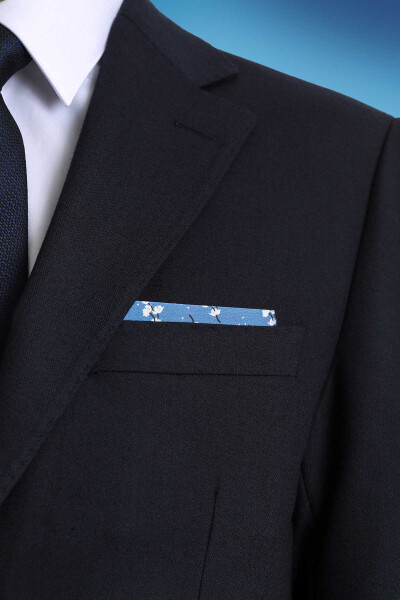 Mavi Desenli Klasik Saten Cep Mendili - 3