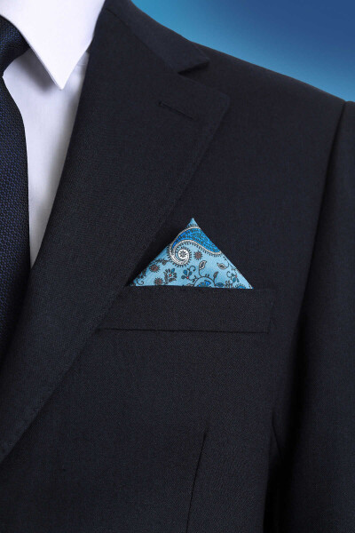 Mavi Desenli Klasik Saten Cep Mendili - 2