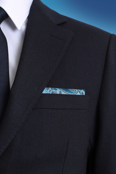 Mavi Desenli Klasik Saten Cep Mendili - 3