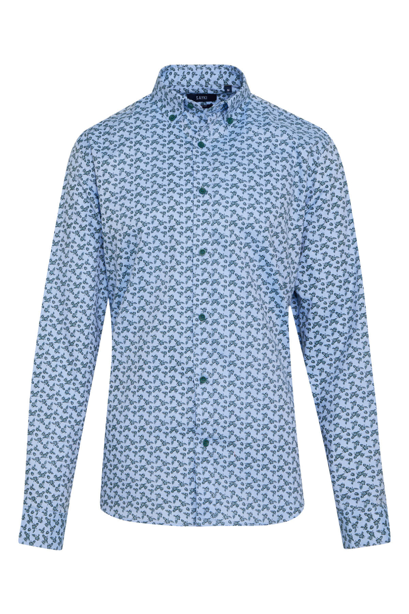 Yeşil Comfort Fit Baskılı 100% Pamuk Düğmeli Yaka Uzun Kollu Casual Gömlek - Hatem Saykı