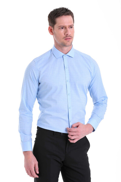Mavi Slim Fit Desenli 100% Pamuk Açık İtalyan Yaka Uzun Kollu Klasik Gömlek - 2
