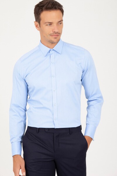 Mavi Slim Fit Desenli 100% Pamuk Slim Yaka Manşetli Uzun Kol Klasik Gömlek - 3