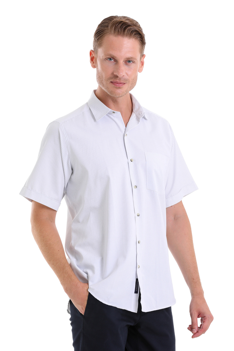 Mavi Klasik Fit Çizgili Pamuklu Slim Yaka Kısa Kollu Klasik Gömlek - Hatemoğlu