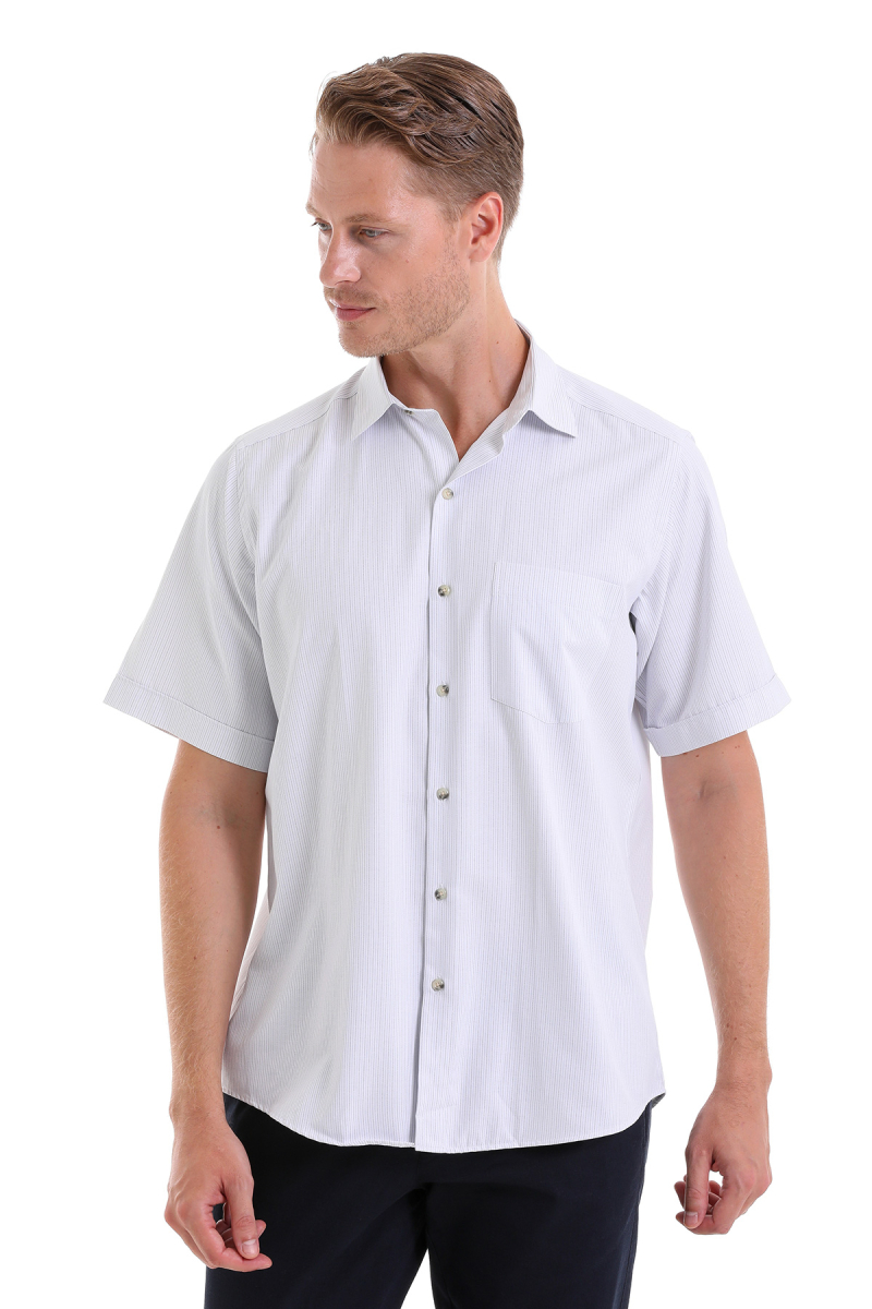 Mavi Klasik Fit Çizgili Pamuklu Slim Yaka Kısa Kollu Klasik Gömlek - Hatemoğlu (1)